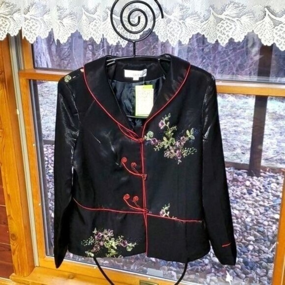 Baifu Black Satin Embroidered Mandarin Jacket Frog Closure Red Trim XXL NEW